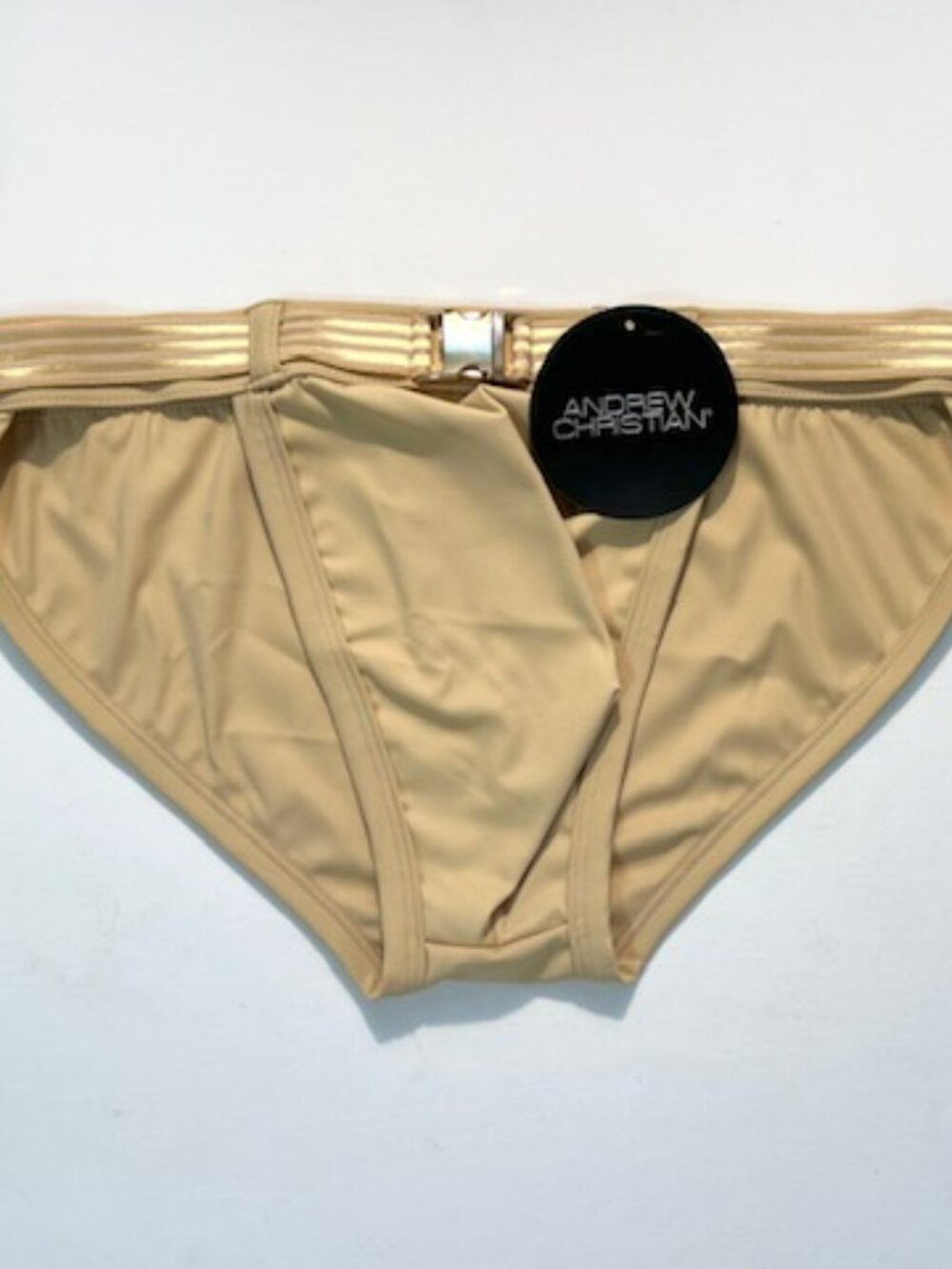 Andrew Christian Size M Solid Swim Bikini w/Striped Belt + Buckle - Sand/Gold - Picture 6 of 14